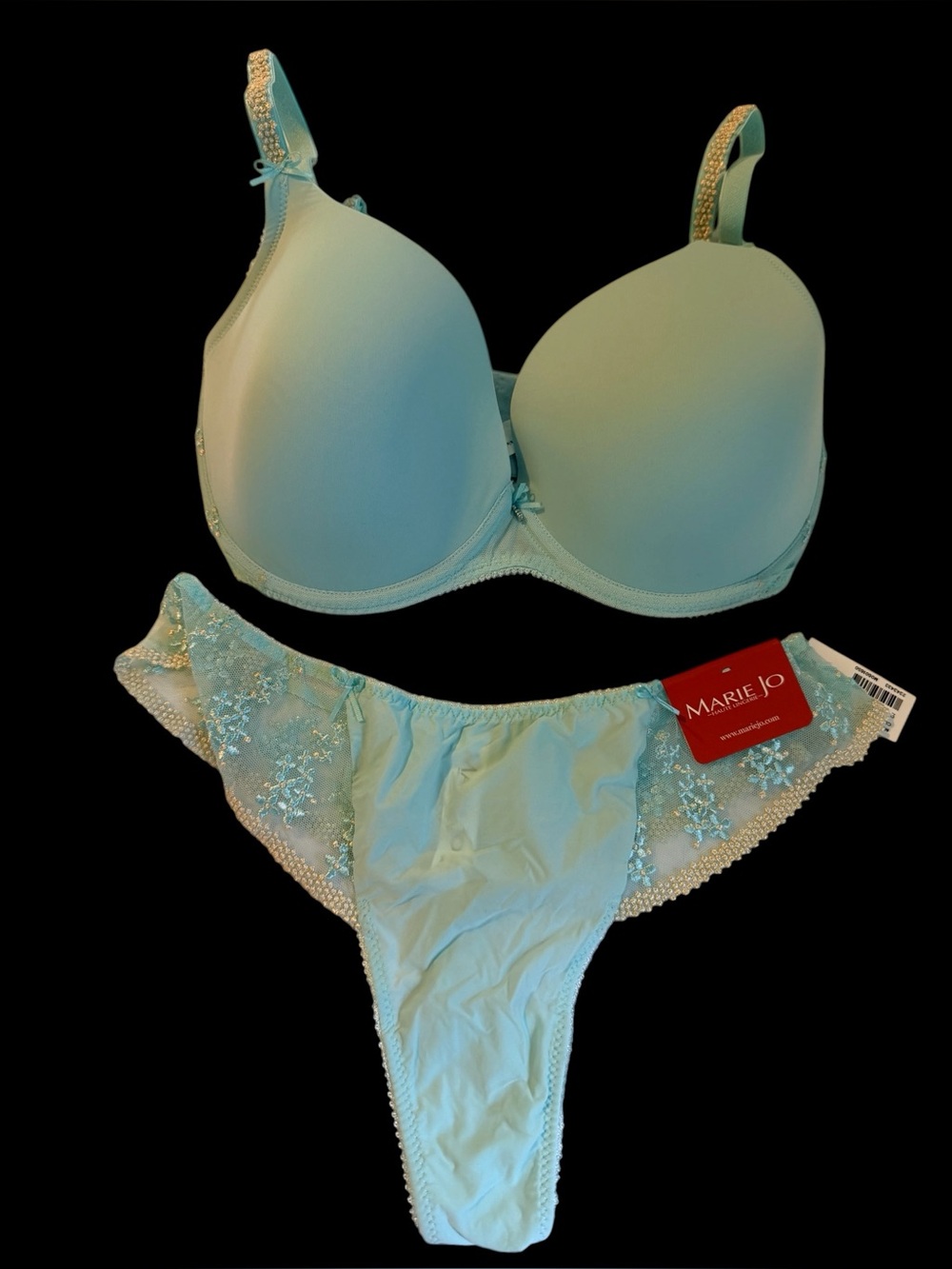 Marie Jo Eloise Bra & Thong Sky Blue 34DD Bra Large Thong Luxury Lingerie